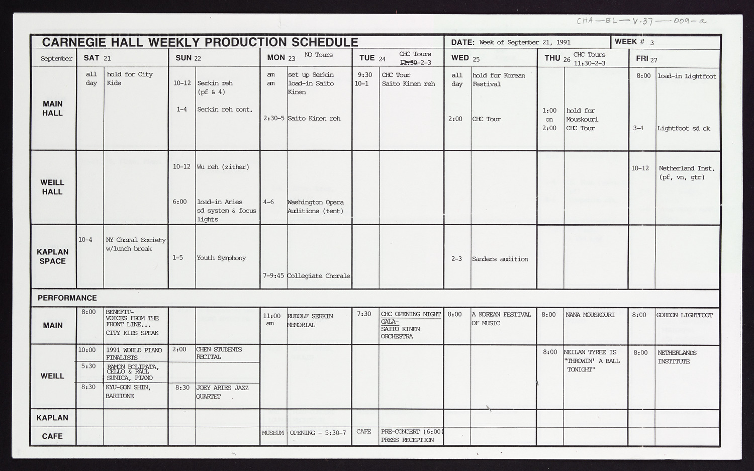 Carnegie Hall Booking Ledger, volume 37, page 9a