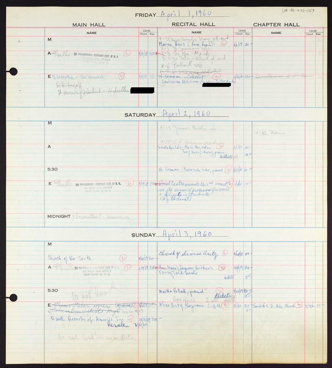 Carnegie Hall Booking Ledger, volume 5, page 57