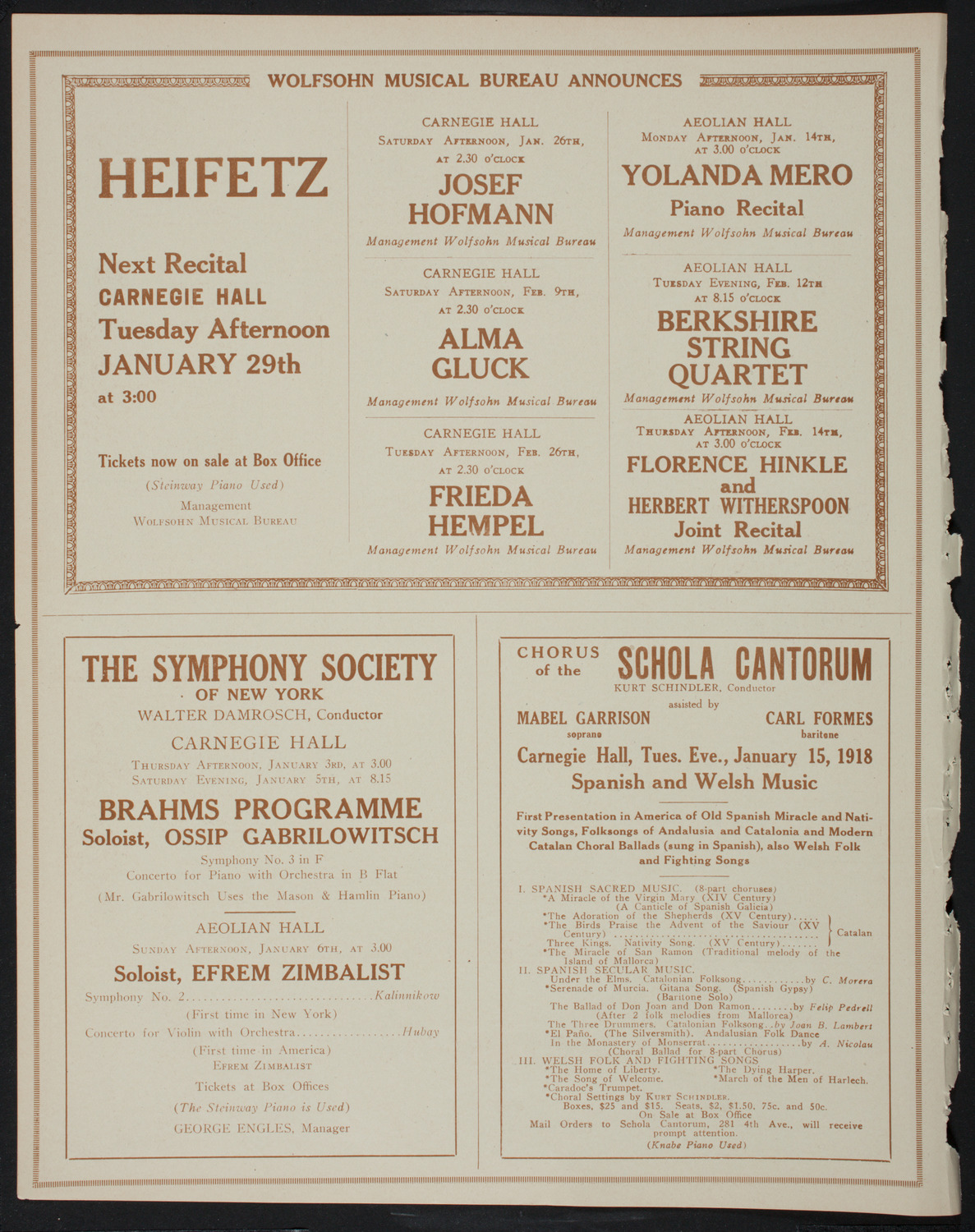 Jascha Heifetz, Violin, January 1, 1918, program page 8