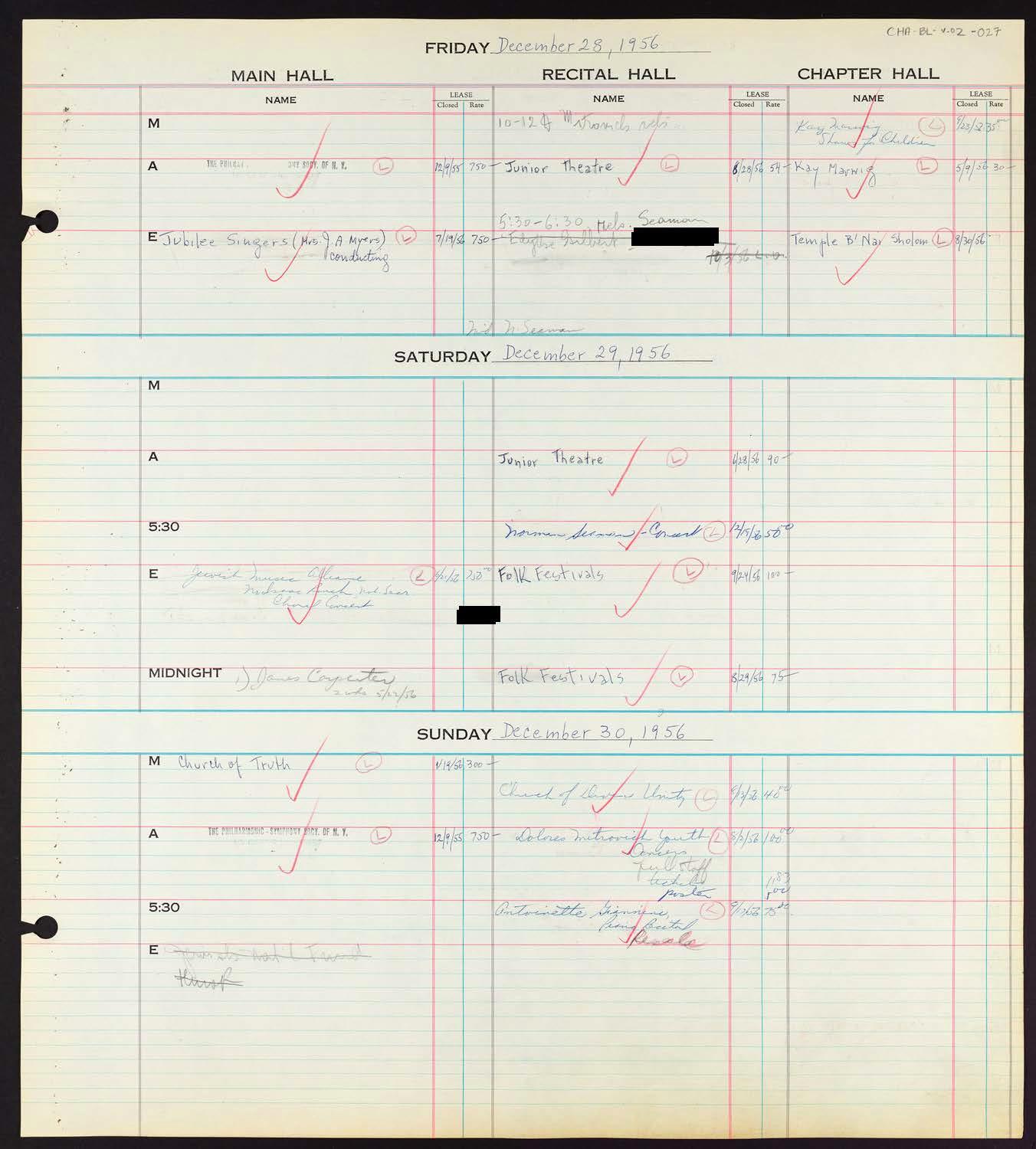 Carnegie Hall Booking Ledger, volume 2, page 27