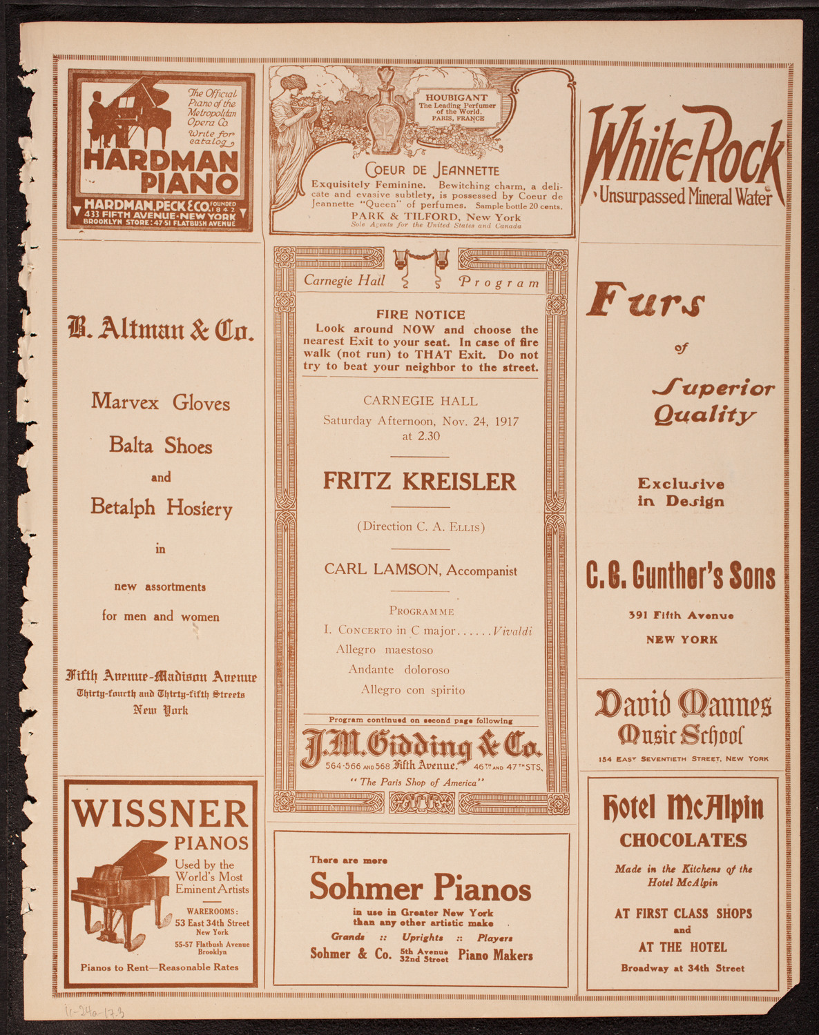Fritz Kreisler, Violin, November 24, 1917, program page 5