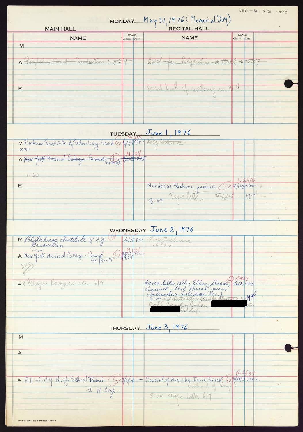 Carnegie Hall Booking Ledger, volume 21, page 80