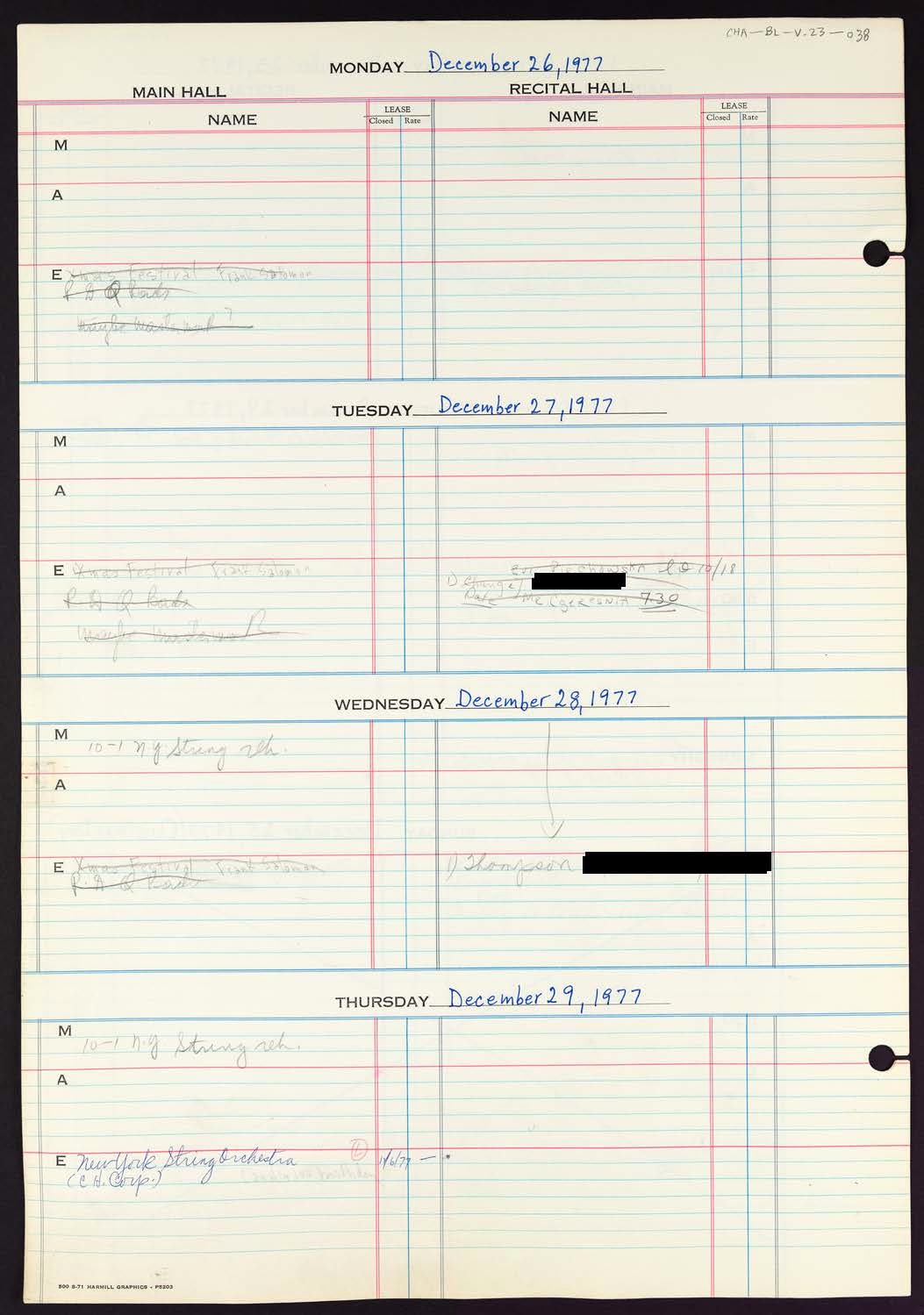 Carnegie Hall Booking Ledger, volume 23, page 38