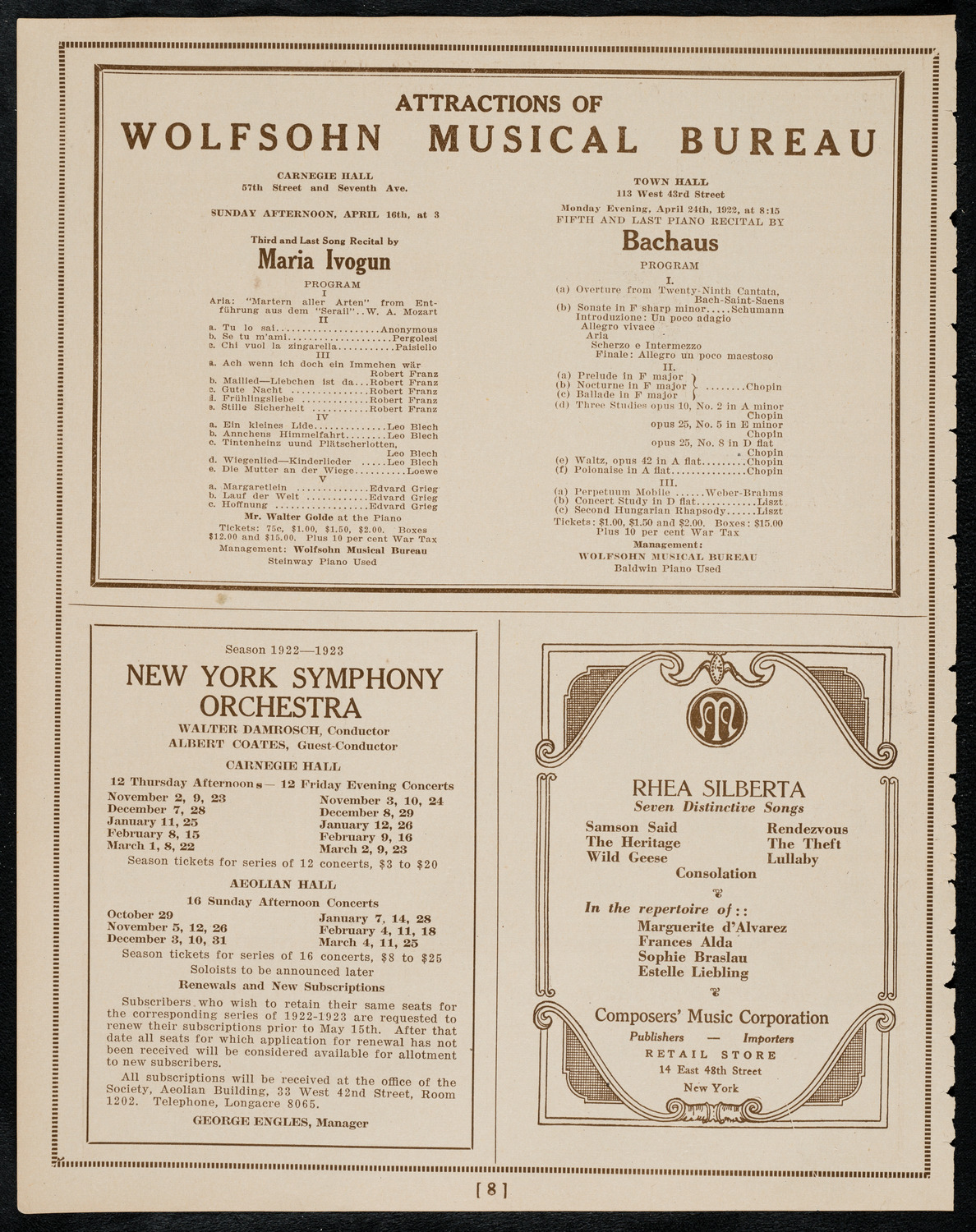 Elly Ney, Piano, April 11, 1922, program page 8