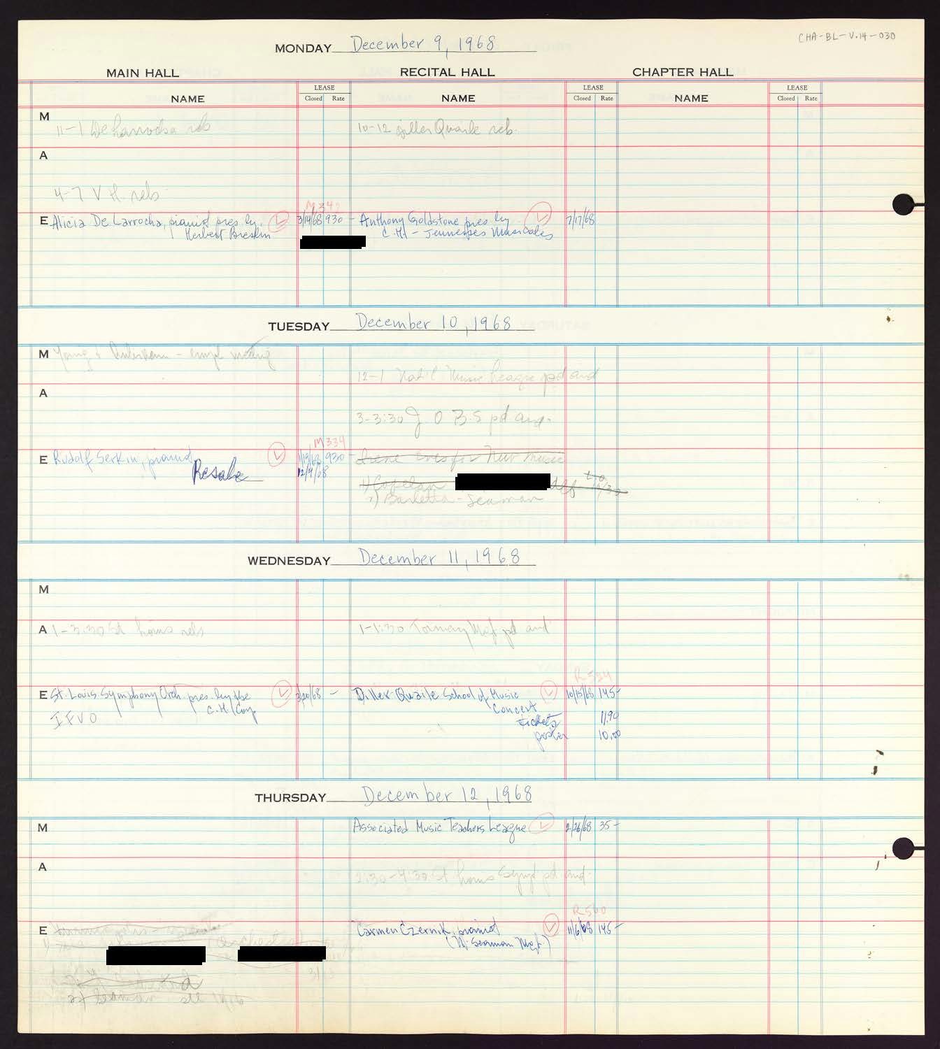 Carnegie Hall Booking Ledger, volume 14, page 30