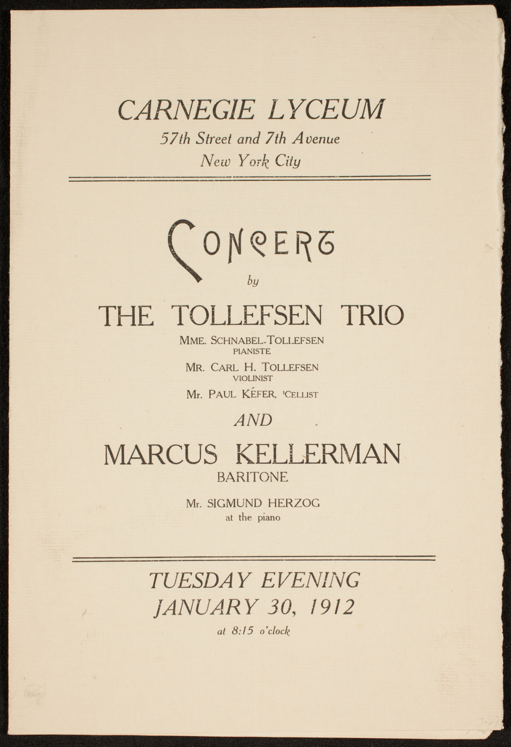 Tollefsen Trio and Marcus Kellerman, January 30, 1912, program page 1