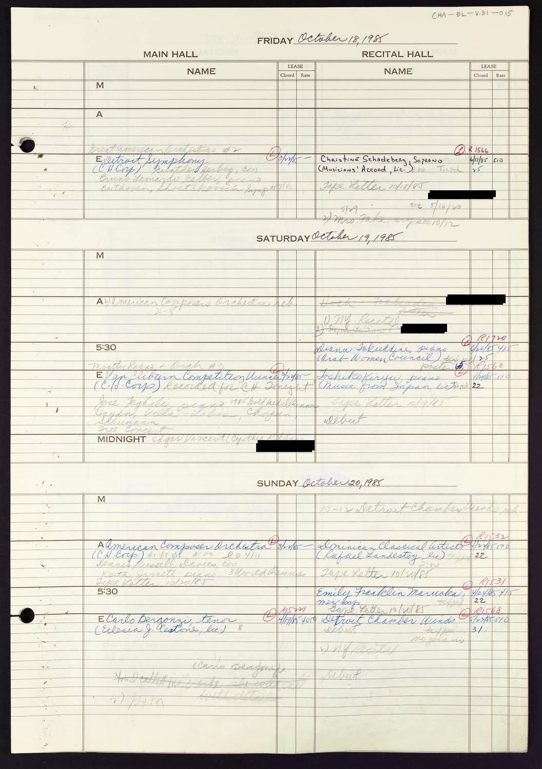 Carnegie Hall Booking Ledger, volume 31, page 15