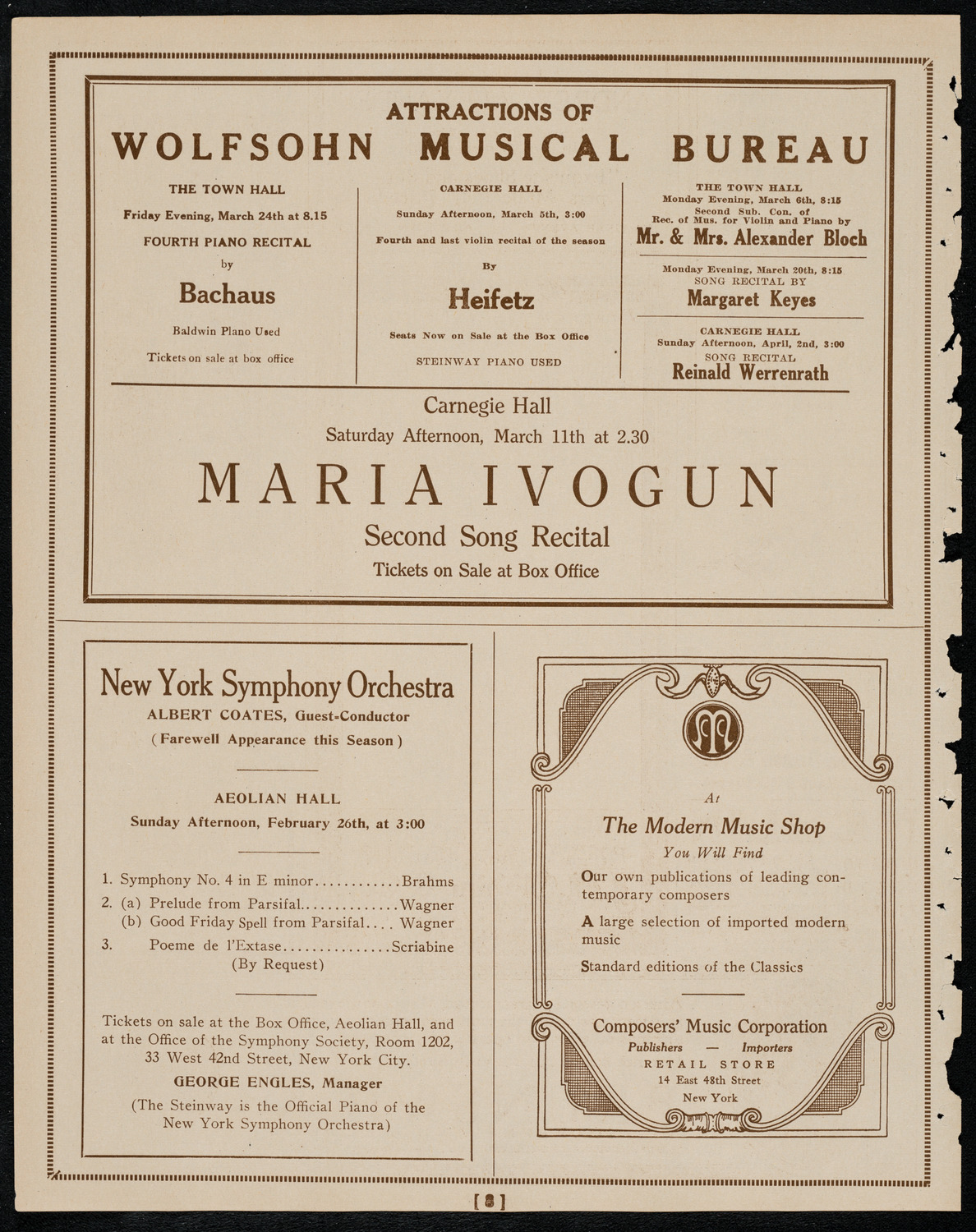 New York Philharmonic, February 26, 1922, program page 8