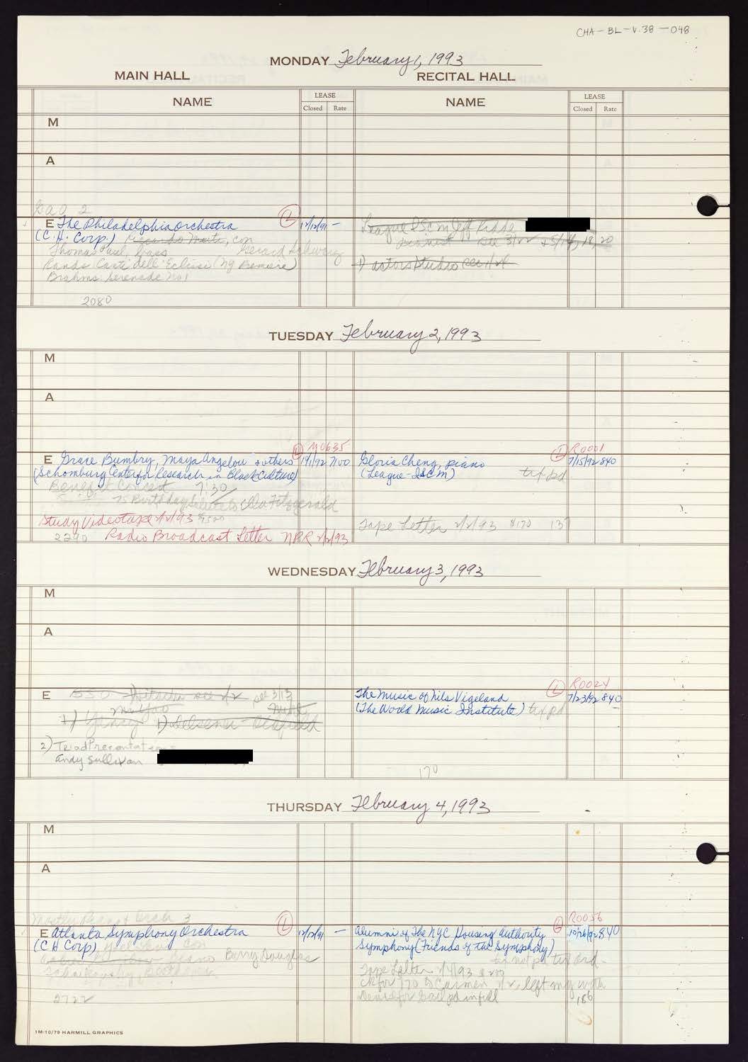 Carnegie Hall Booking Ledger, volume 38, page 48