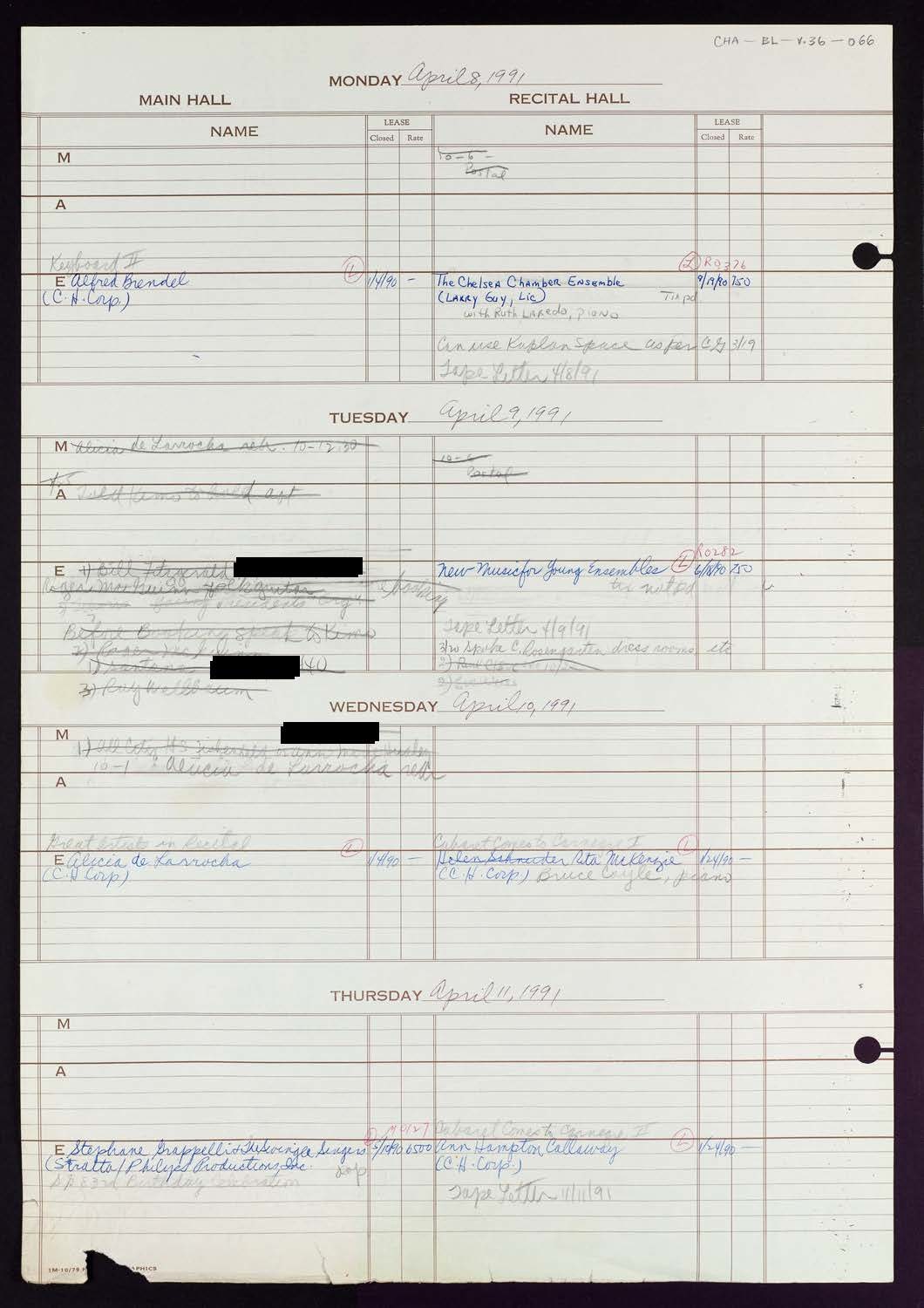 Carnegie Hall Booking Ledger, volume 36, page 66