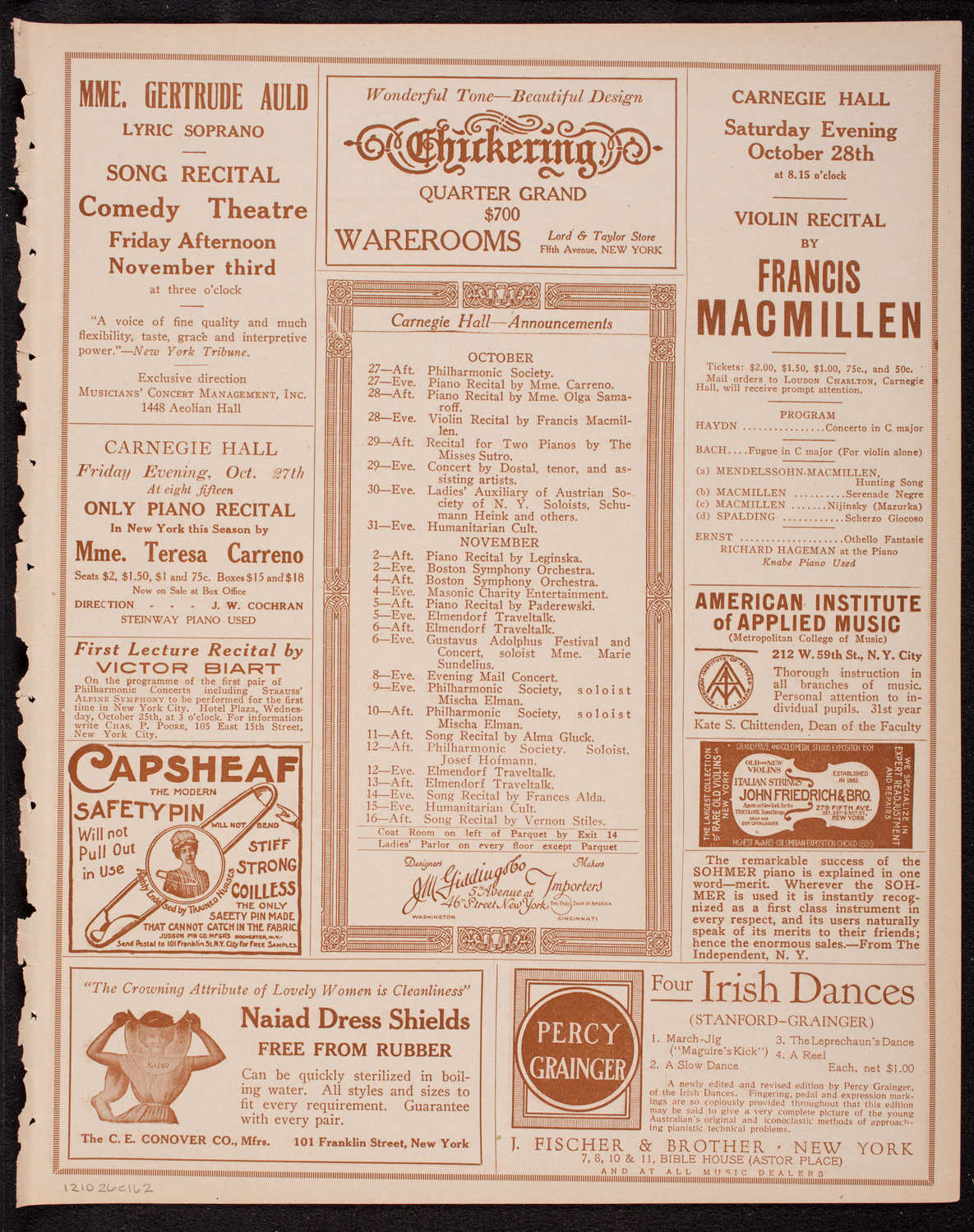 New York Philharmonic, October 26, 1916, program page 3