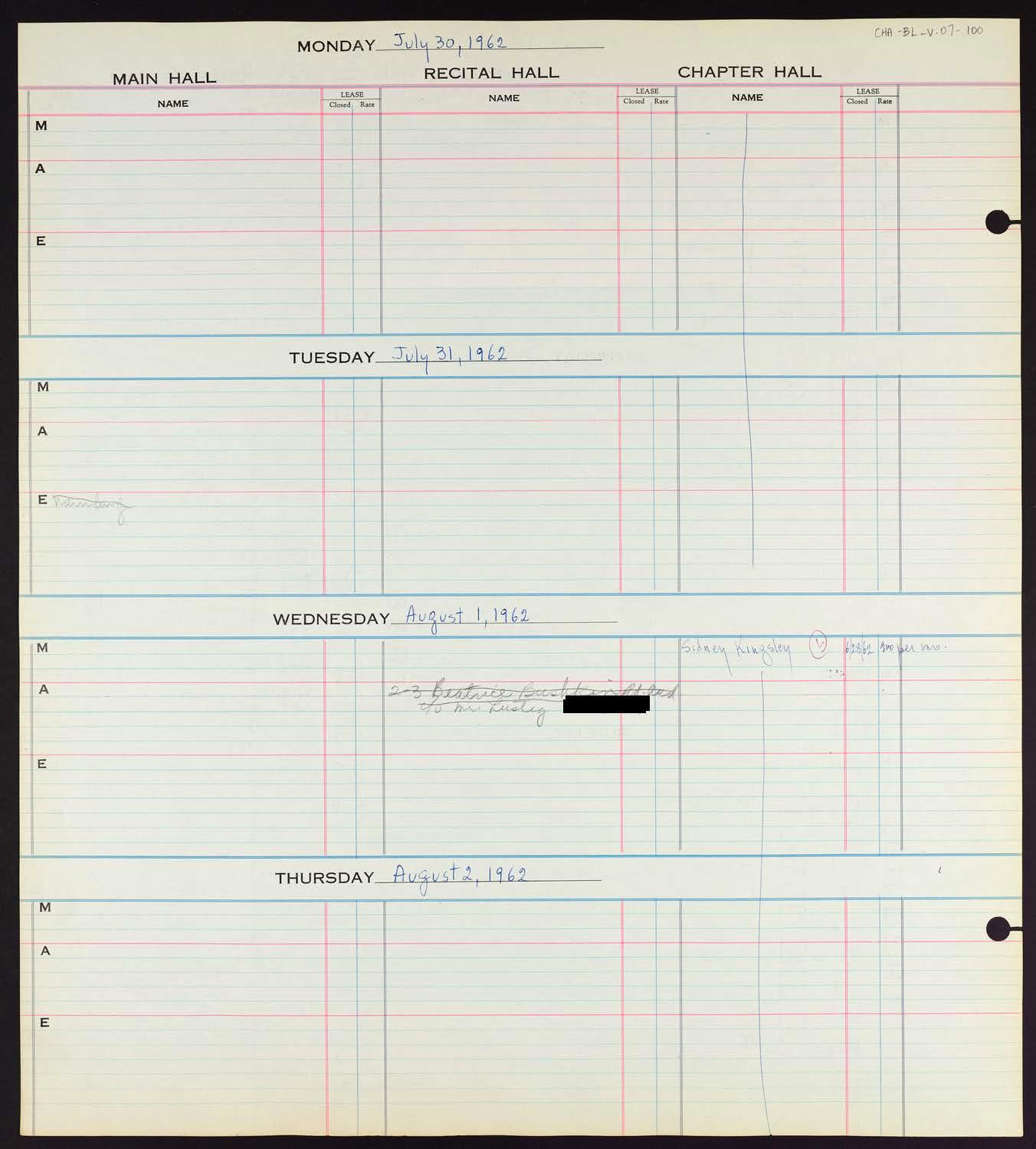 Carnegie Hall Booking Ledger, volume 7, page 100