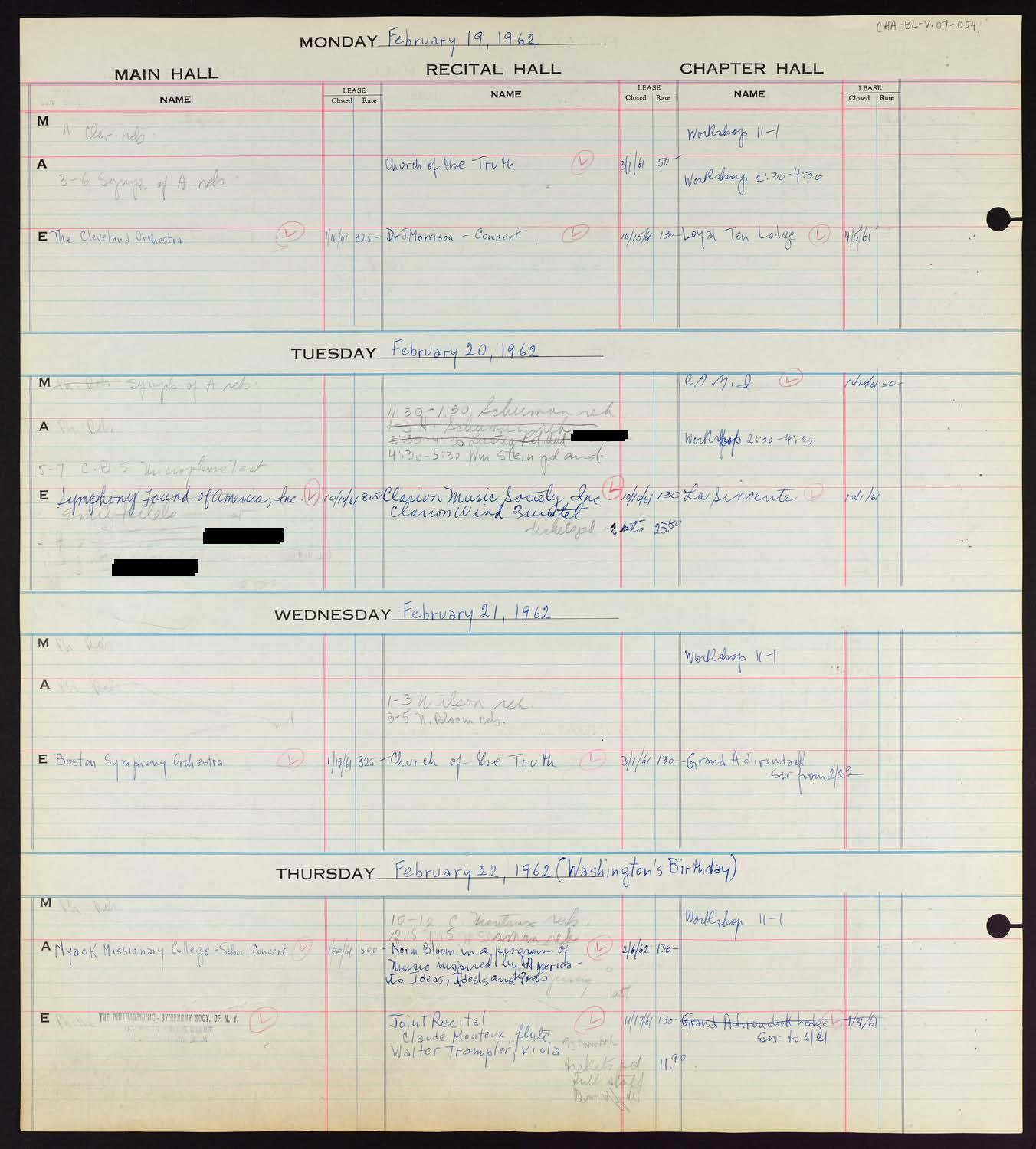 Carnegie Hall Booking Ledger, volume 7, page 54