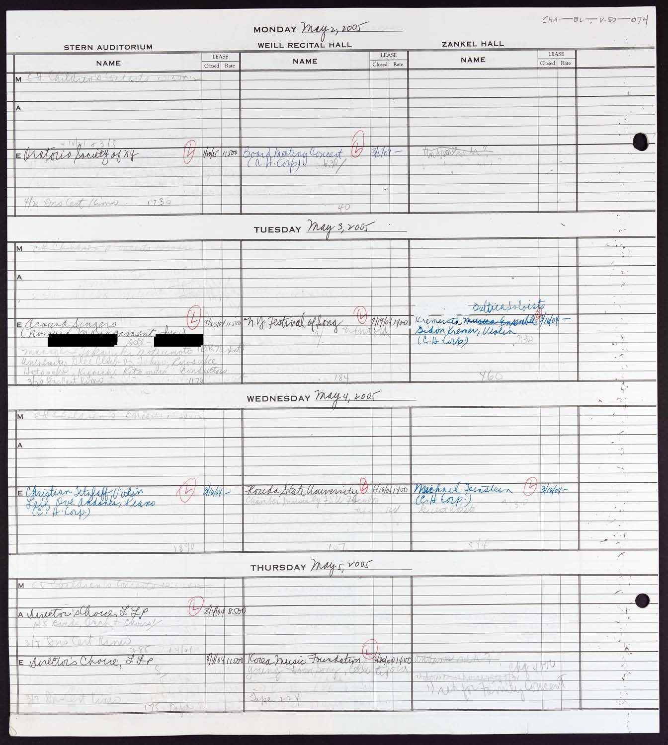 Carnegie Hall Booking Ledger, volume 50, page 74