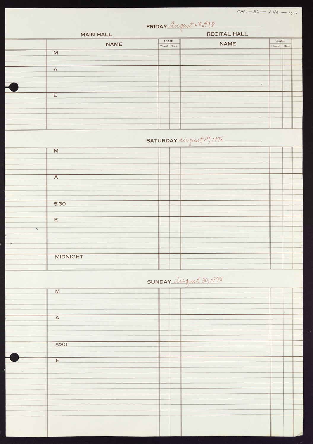 Carnegie Hall Booking Ledger, volume 43, page 107