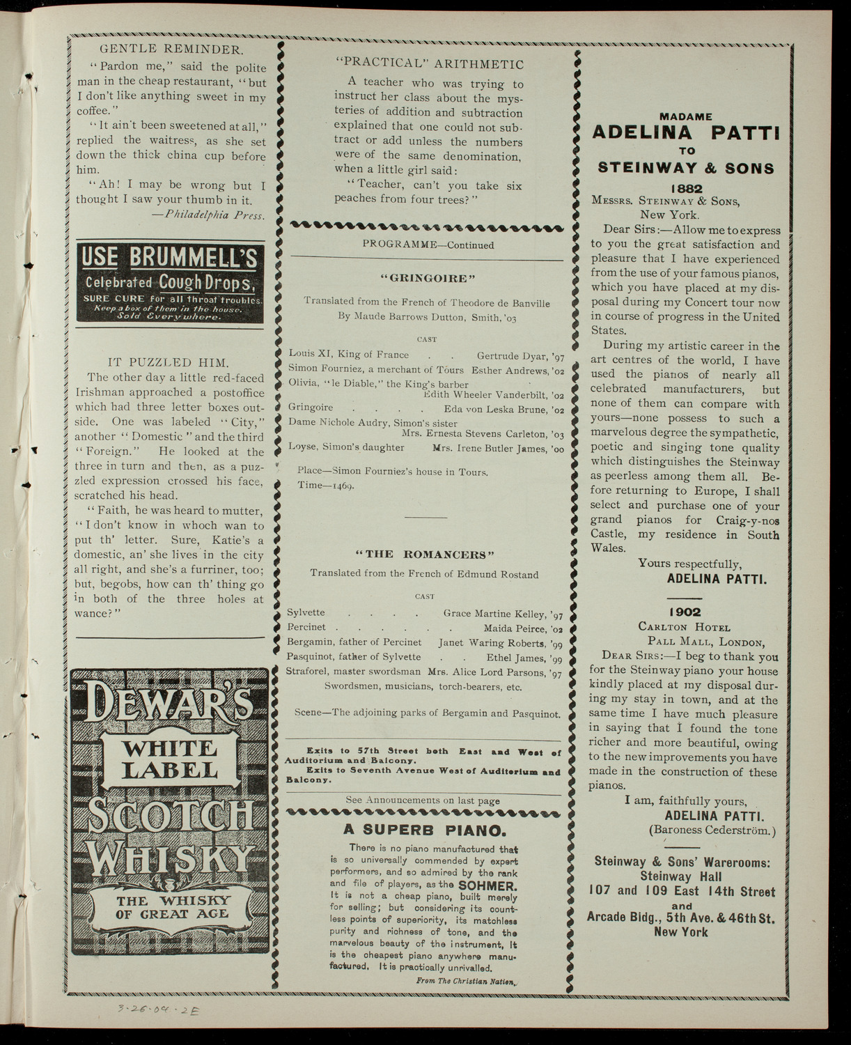 Smith College Theatre Club Benefit Performance for the Smith Students' Aid Society, March 26, 1904, program page 3