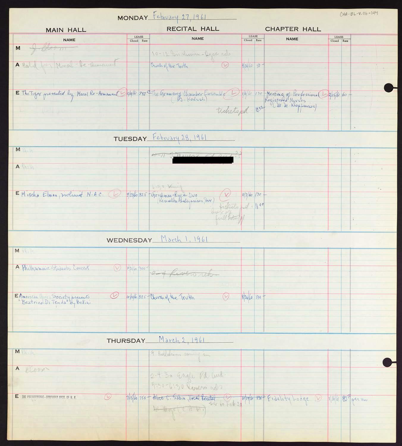 Carnegie Hall Booking Ledger, volume 6, page 44