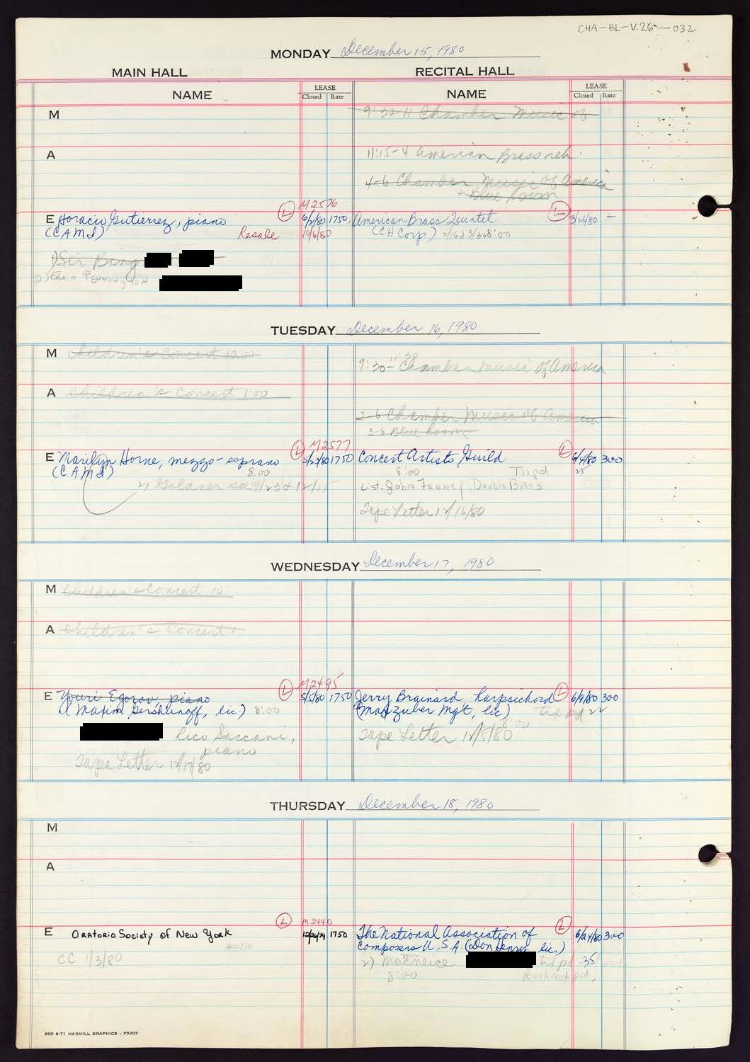 Carnegie Hall Booking Ledger, volume 26, page 32