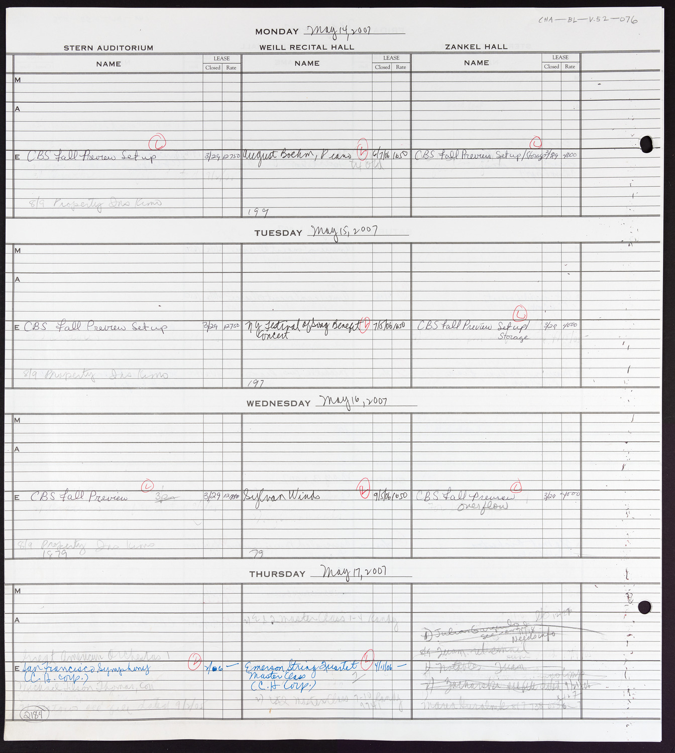 Carnegie Hall Booking Ledger, volume 52, page 76