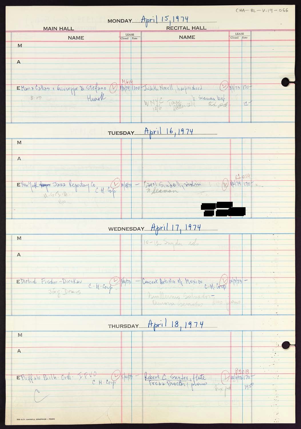 Carnegie Hall Booking Ledger, volume 19, page 66