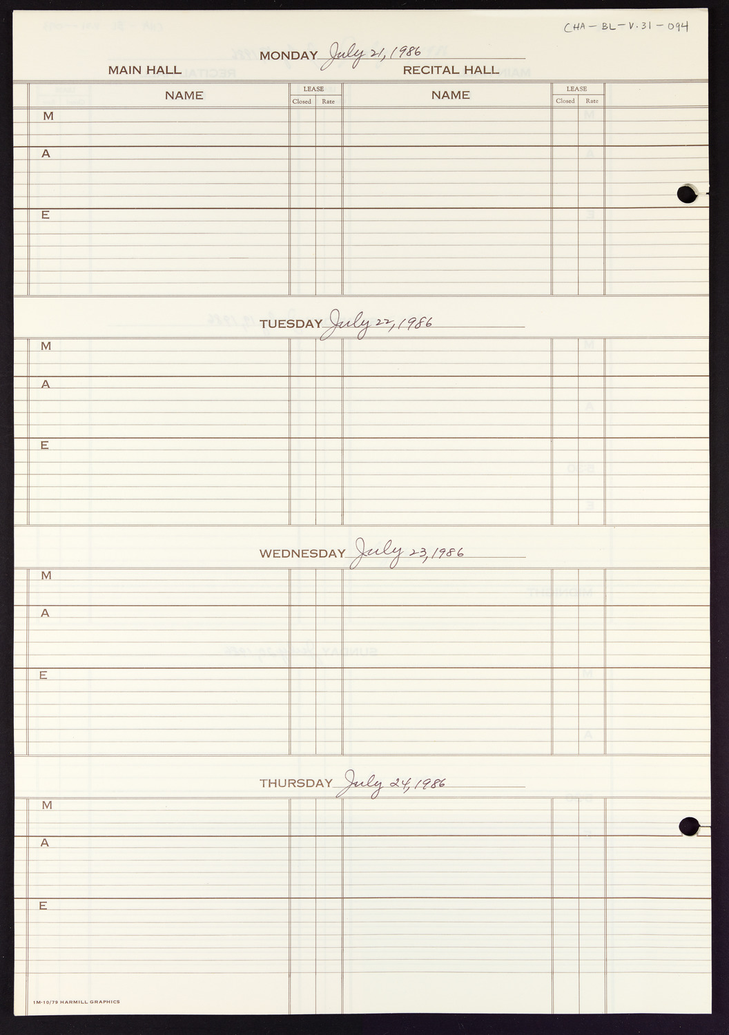 Carnegie Hall Booking Ledger, volume 31, page 94