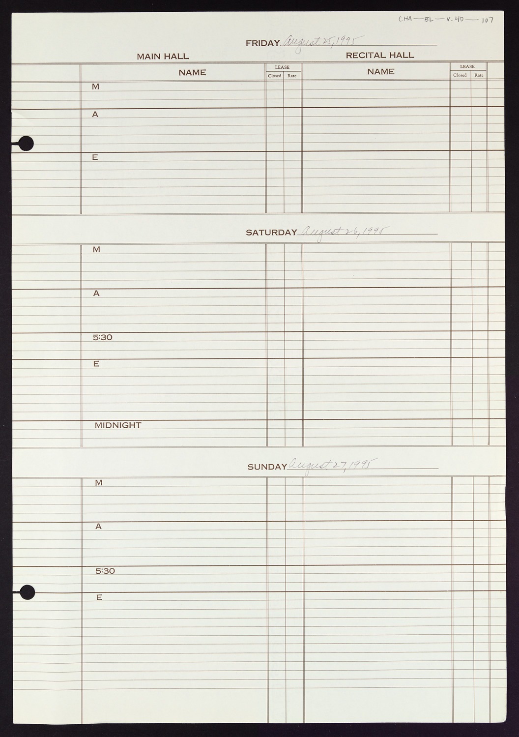 Carnegie Hall Booking Ledger, volume 40, page 107