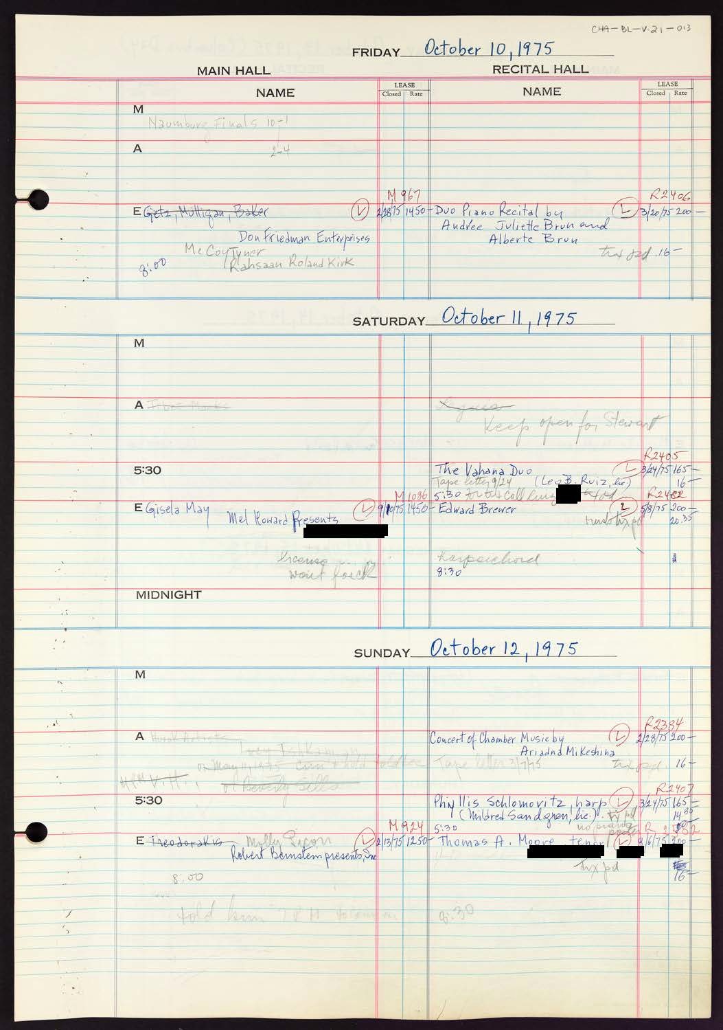 Carnegie Hall Booking Ledger, volume 21, page 13