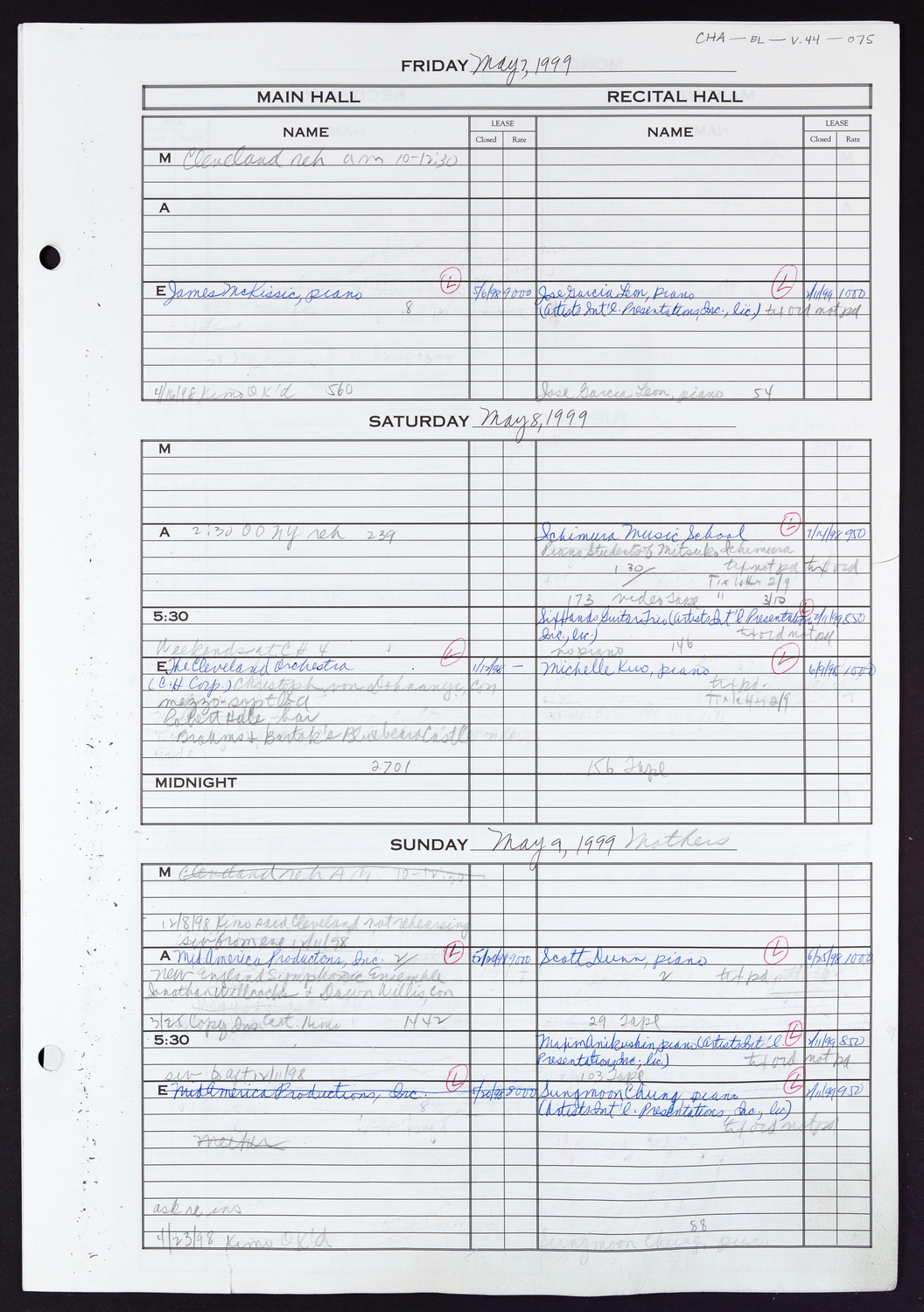 Carnegie Hall Booking Ledger, volume 44, page 75