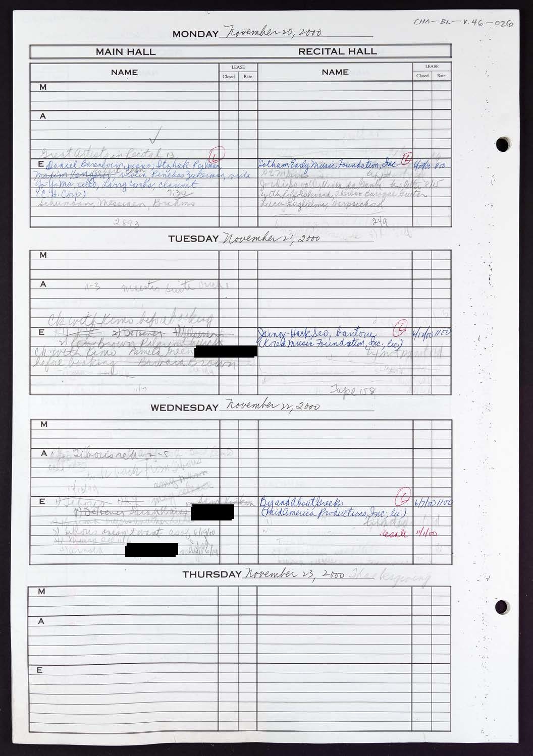 Carnegie Hall Booking Ledger, volume 46, page 26