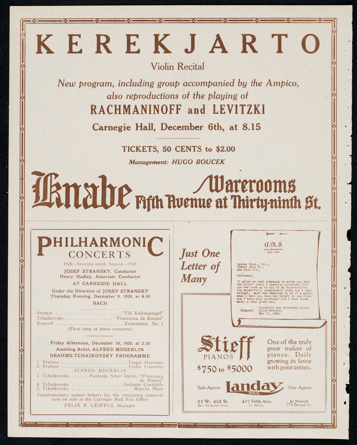 Fritz Kreisler, Violin, December 5, 1920, program page 12