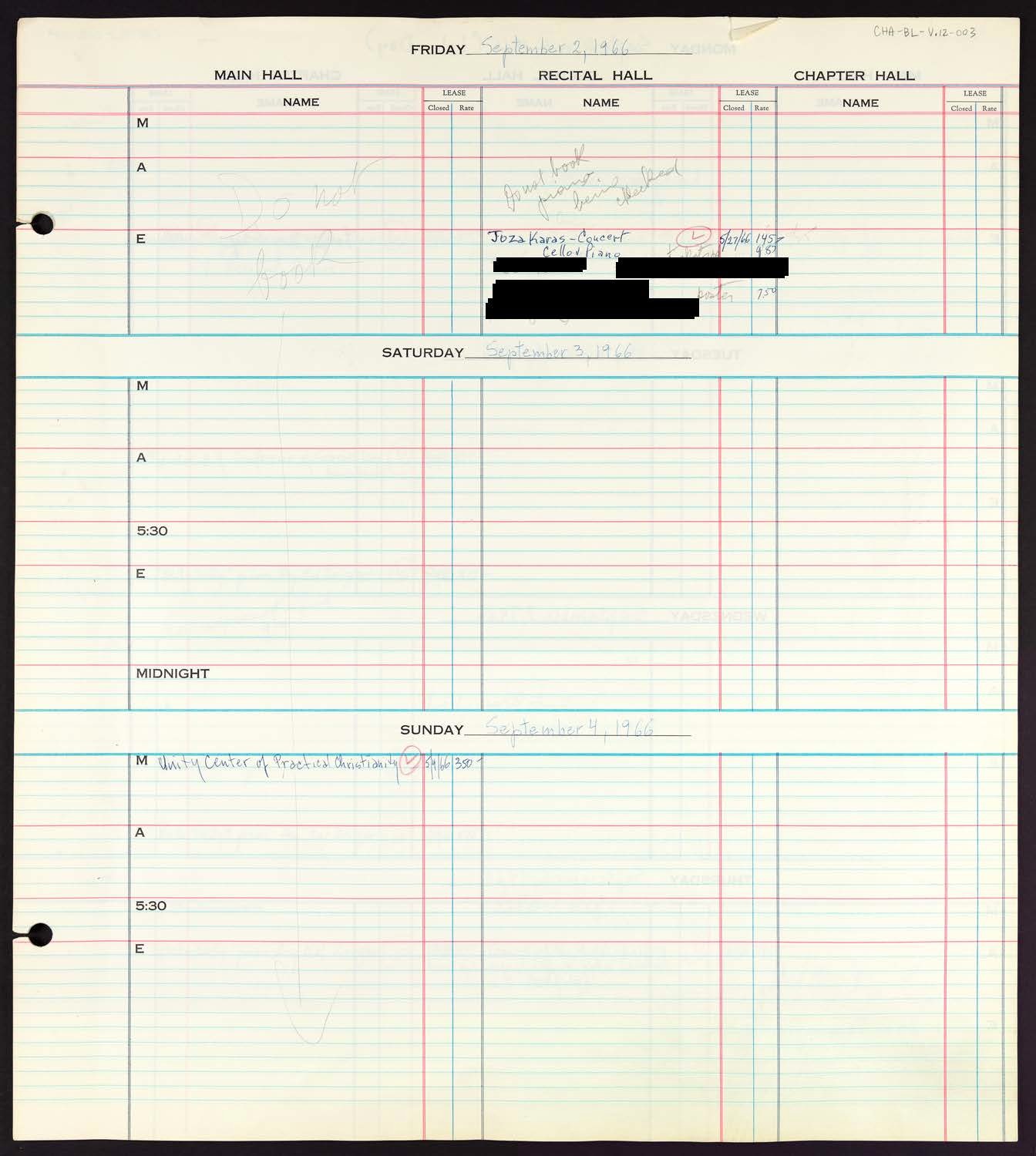 Carnegie Hall Booking Ledger, volume 12, page 3