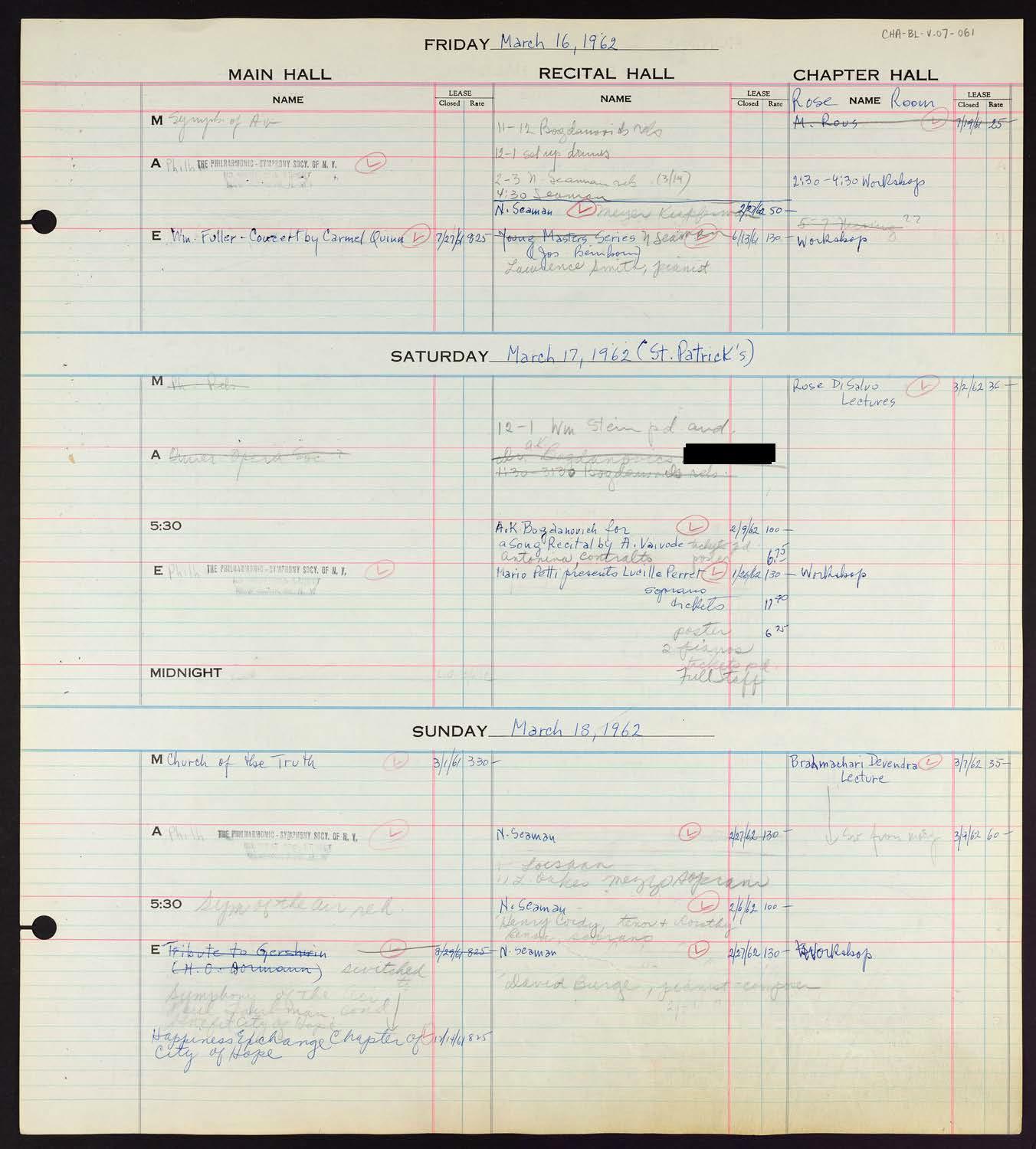 Carnegie Hall Booking Ledger, volume 7, page 61