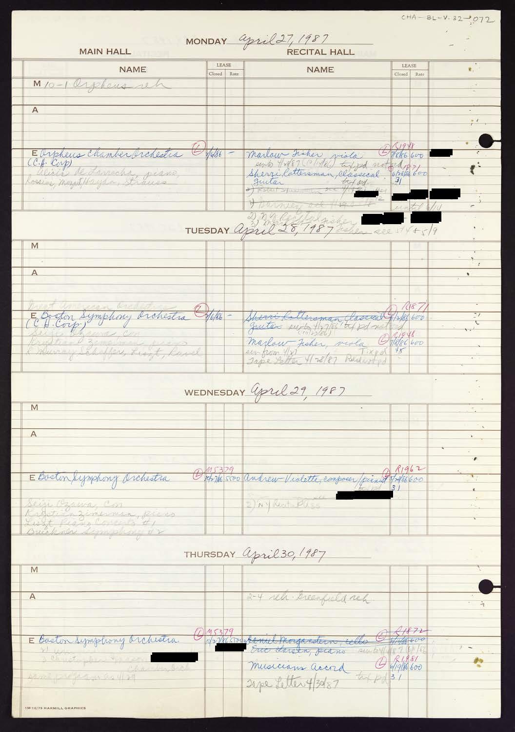 Carnegie Hall Booking Ledger, volume 32, page 72