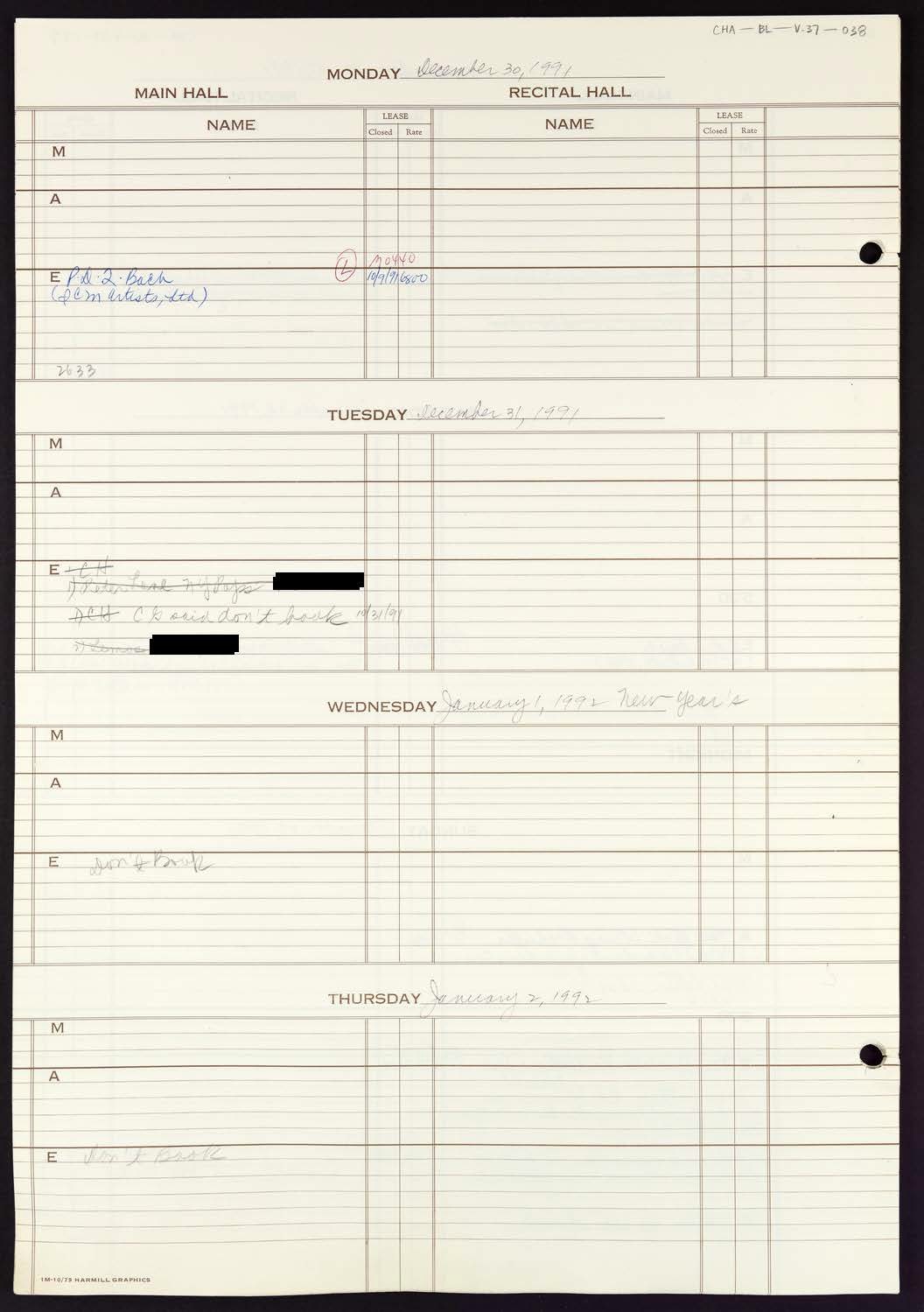 Carnegie Hall Booking Ledger, volume 37, page 38