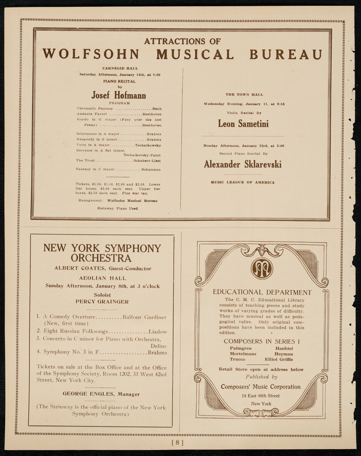 Brahms Memorial featuring Elly Ney and the New York Philharmonic, January 2, 1922, program page 8