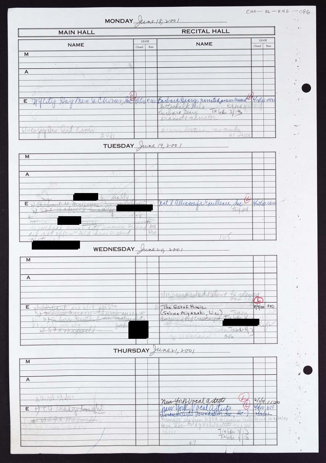 Carnegie Hall Booking Ledger, volume 46, page 86