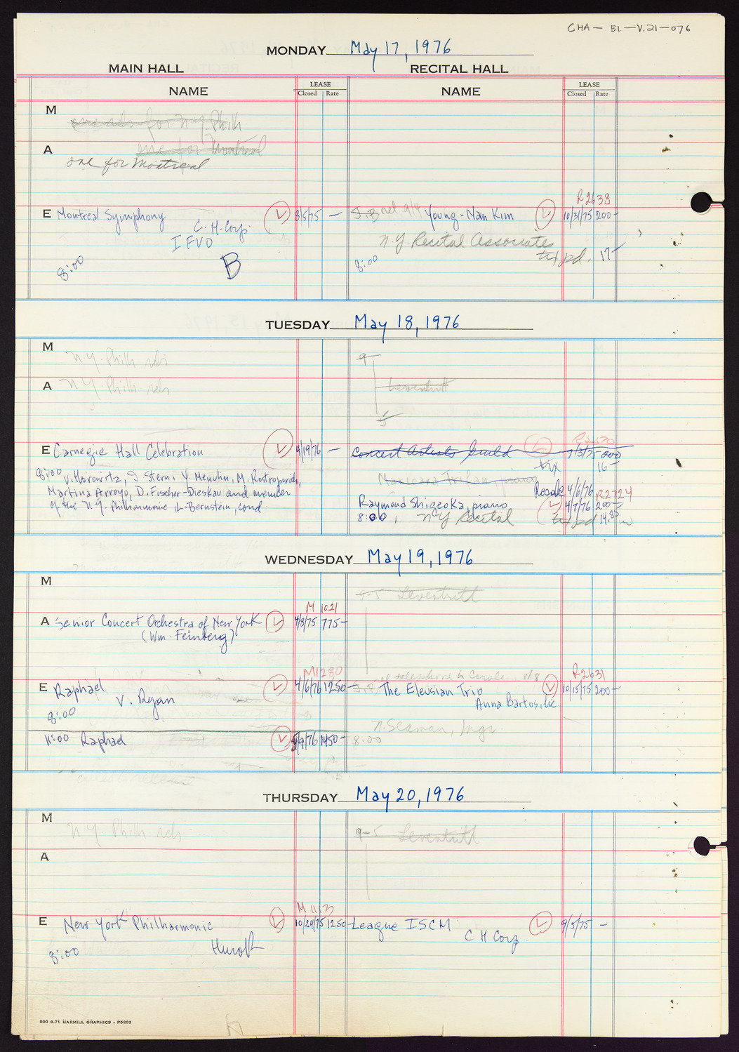 Carnegie Hall Booking Ledger, volume 21, page 76