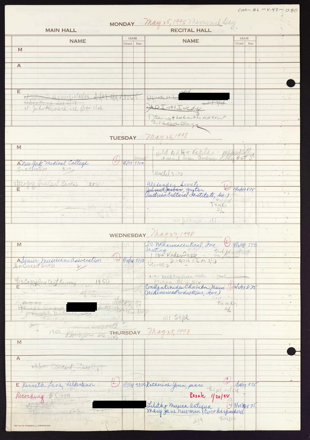 Carnegie Hall Booking Ledger, volume 43, page 80