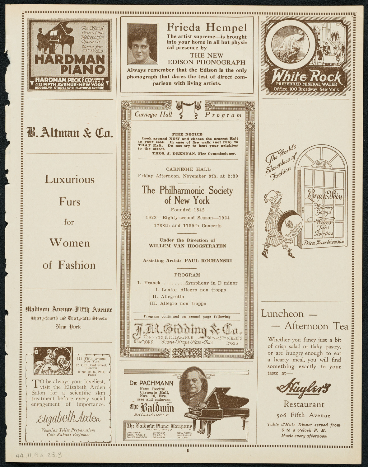 New York Philharmonic, November 9, 1923, program page 5