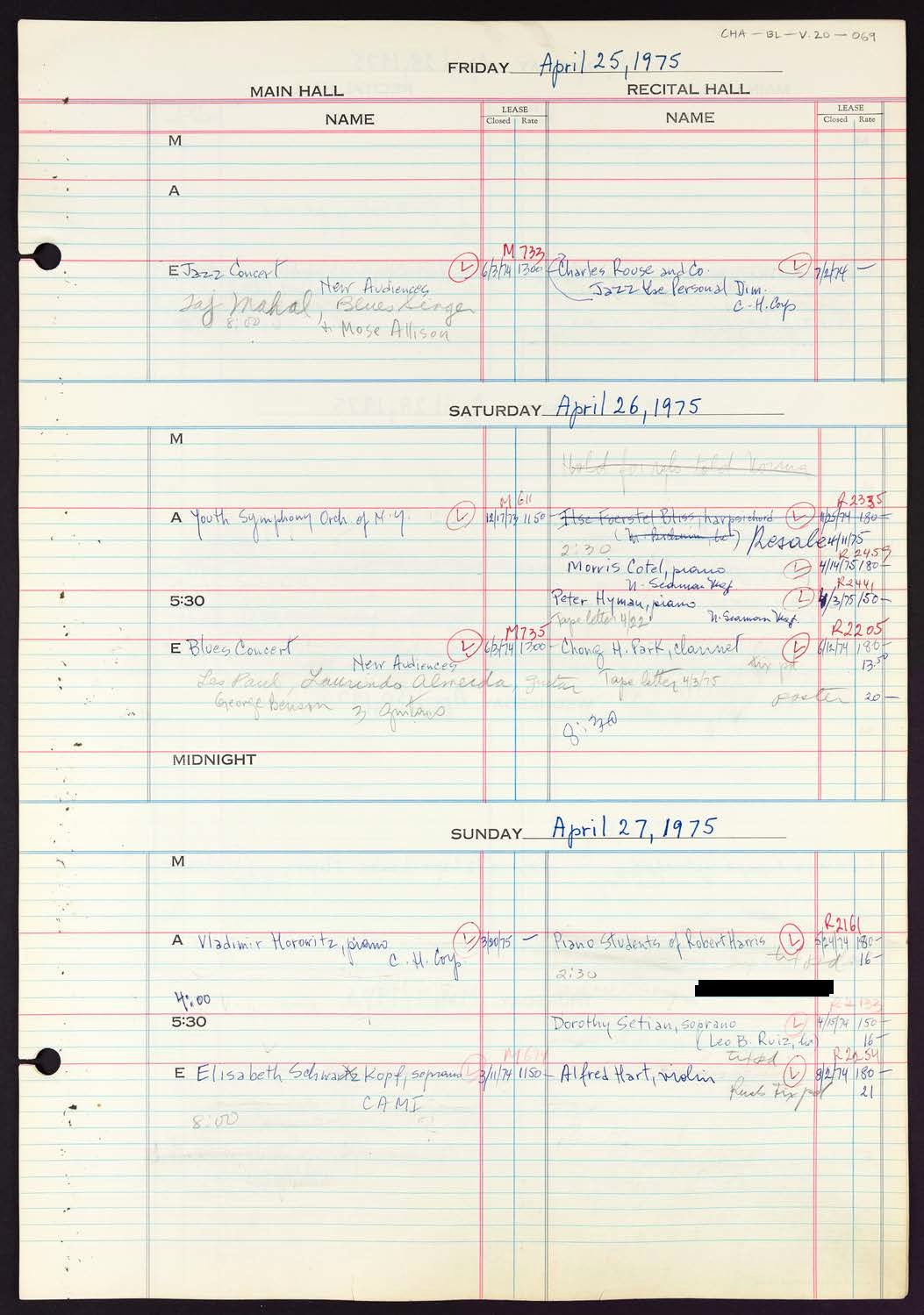 Carnegie Hall Booking Ledger, volume 20, page 69