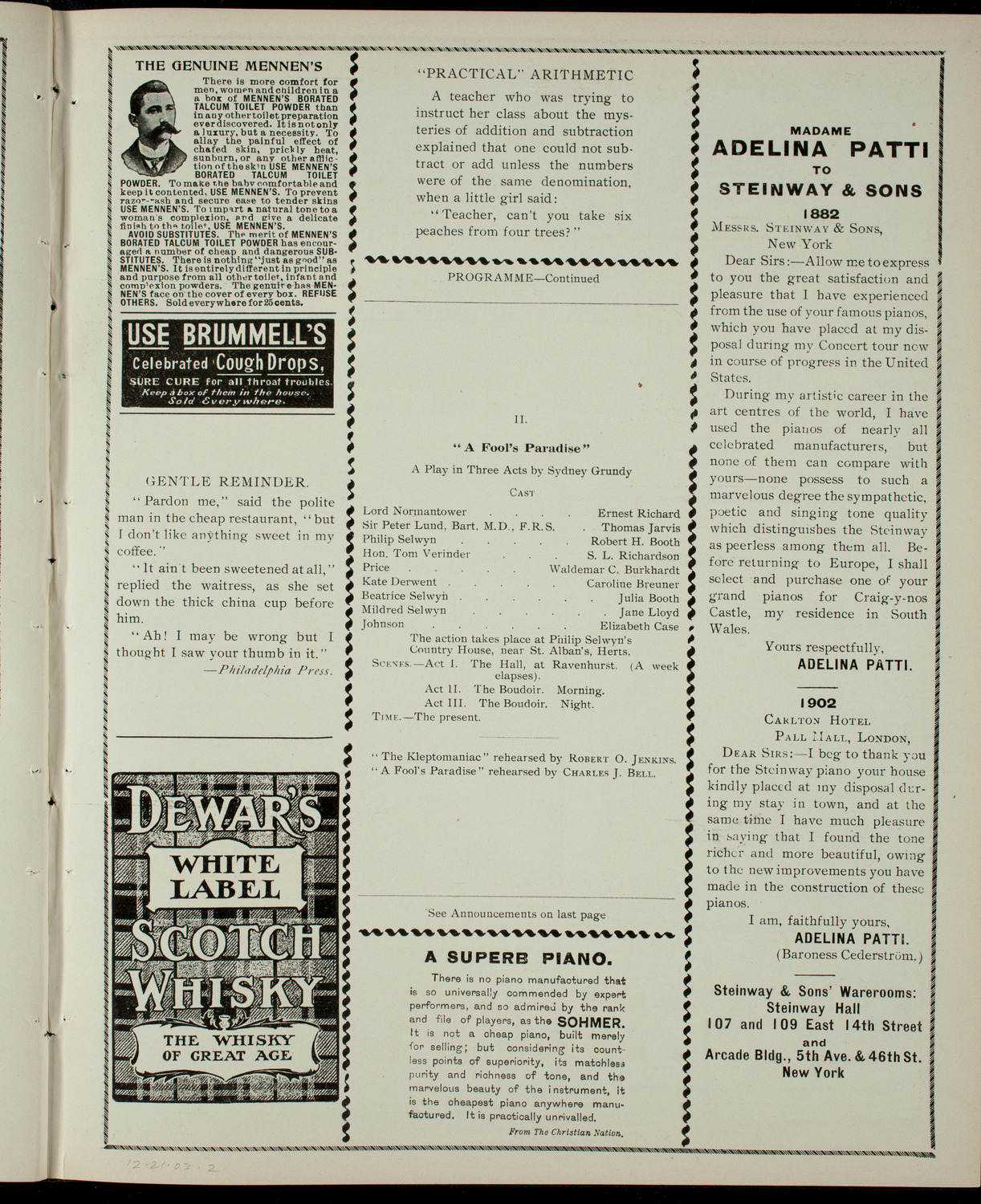 Academy Stock Company of the American Academy of Dramatic Arts/ Empire Theatre Dramatic School, December 21, 1903, program page 3