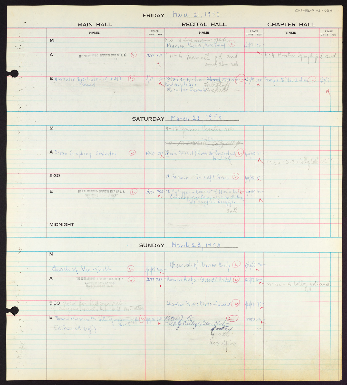 Carnegie Hall Booking Ledger, volume 3, page 53