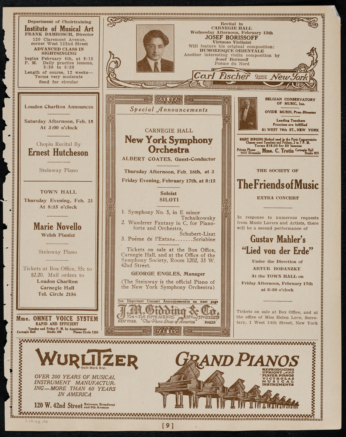 Jascha Heifetz, Violin, February 13, 1922, program page 9