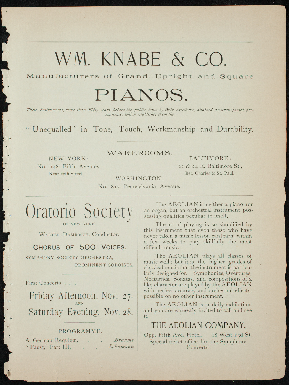 Beethoven String Quartette, November 19, 1891, program page 3