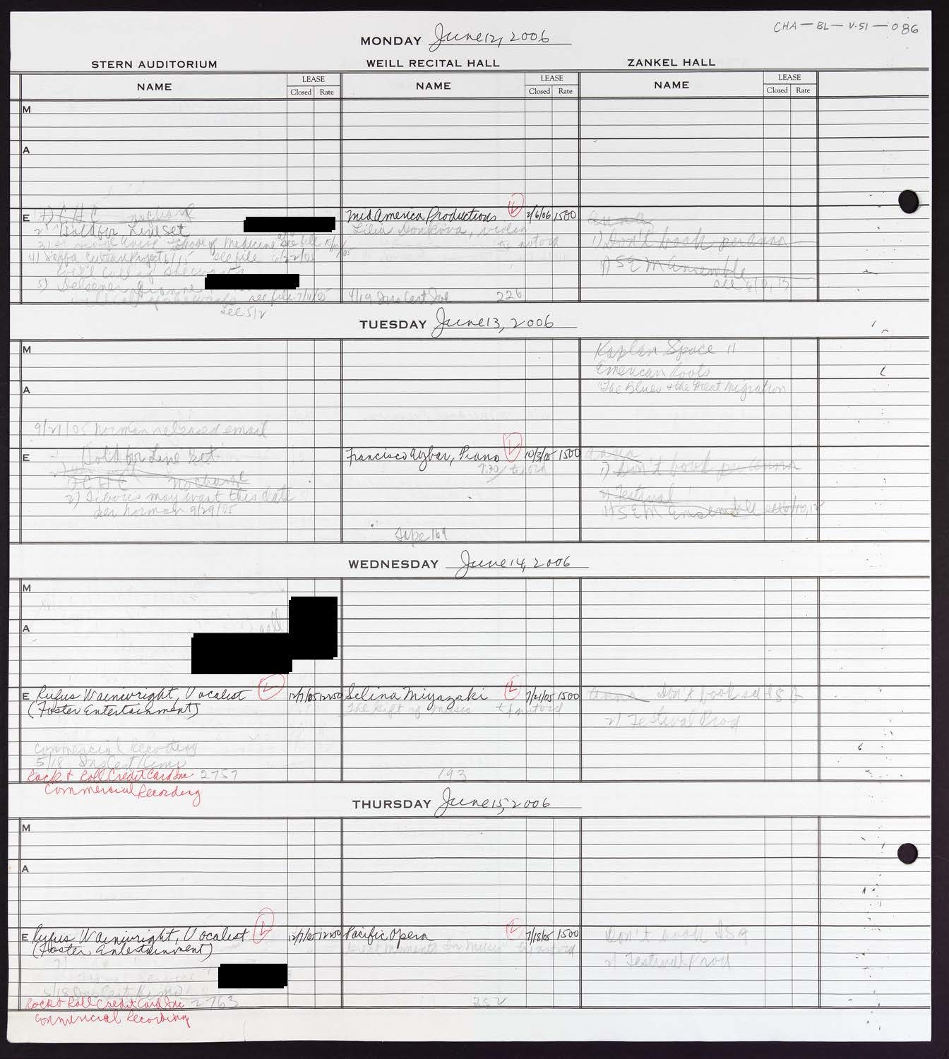 Carnegie Hall Booking Ledger, volume 51, page 86