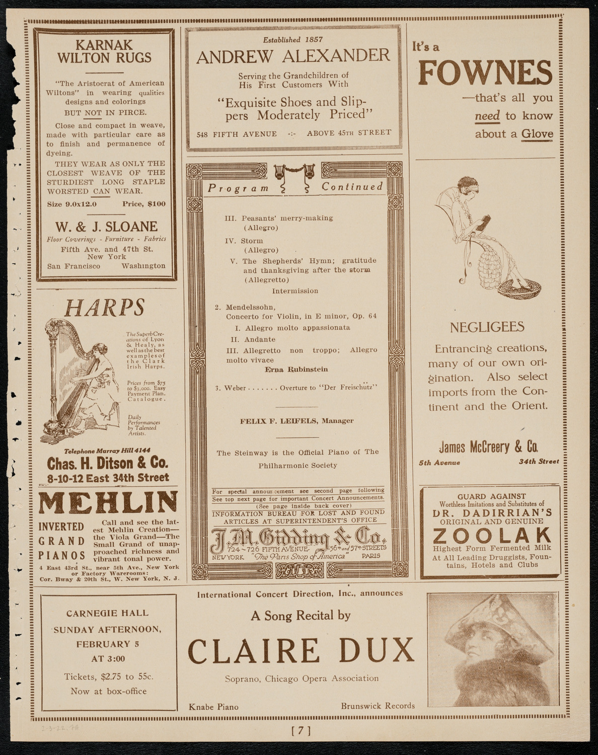 New York Philharmonic, February 3, 1922, program page 7