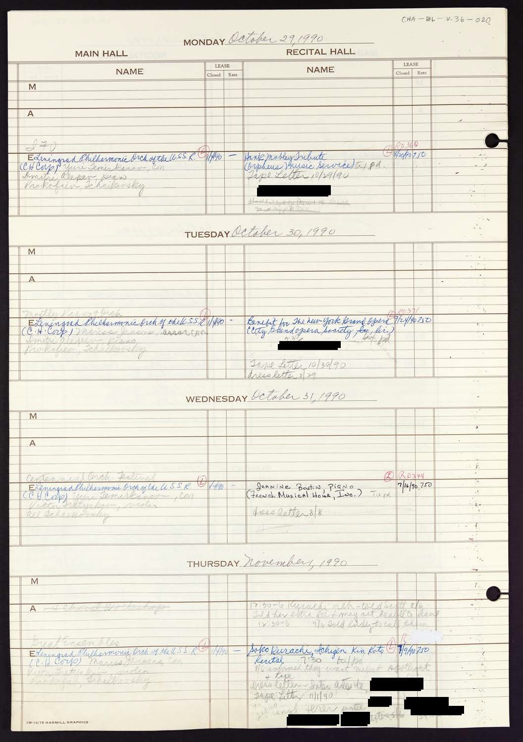 Carnegie Hall Booking Ledger, volume 36, page 20