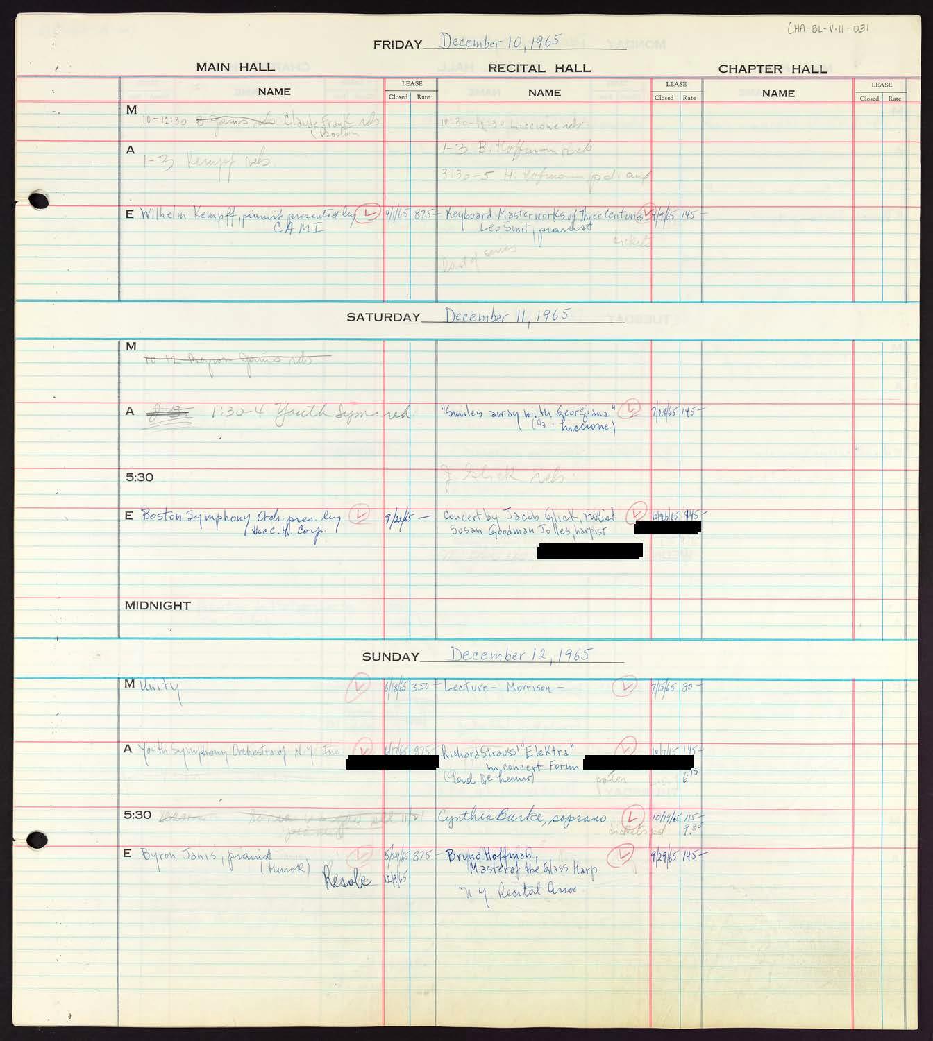 Carnegie Hall Booking Ledger, volume 11, page 31