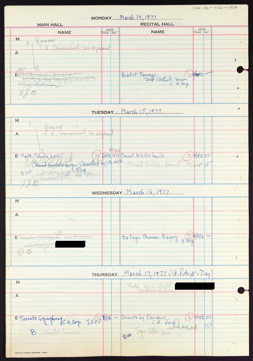 Carnegie Hall Booking Ledger, volume 22, page 58