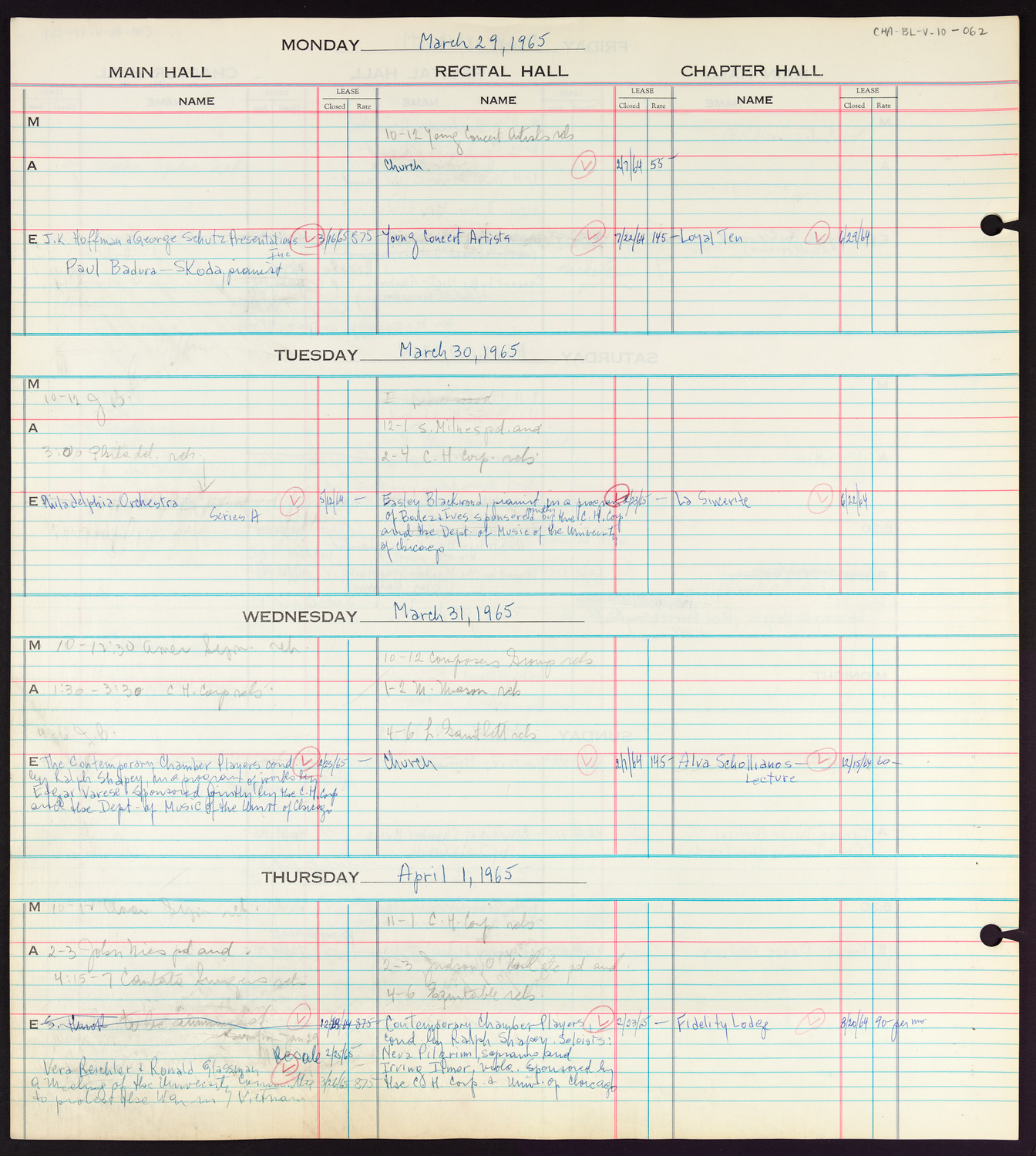 Carnegie Hall Booking Ledger, volume 10, page 62